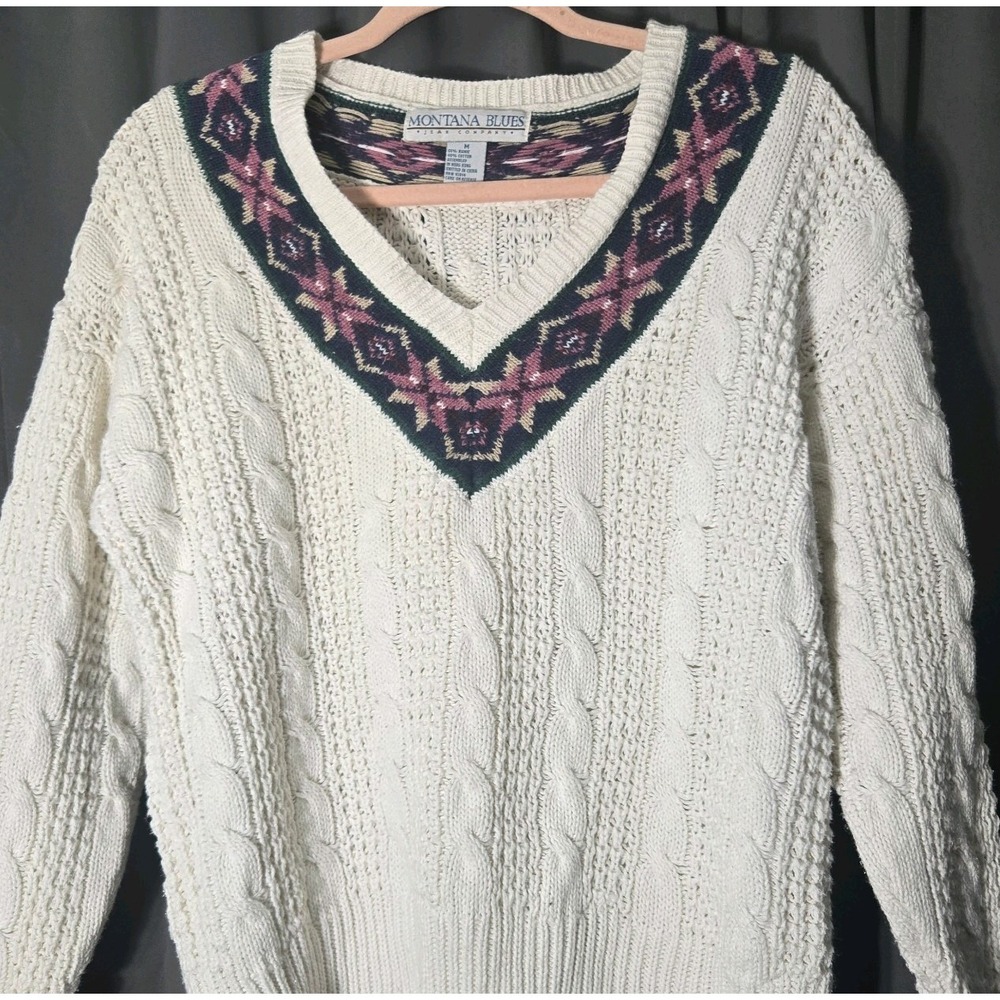 Vintage Montana Blues the Jean Company Cable Knit Fisherman Style White V neck